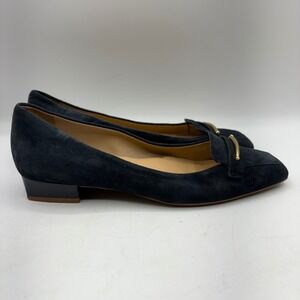 Talbots Navy Blue Suede Square Toe Loafers Gold Bar Detail Block Heel Size 9.5M